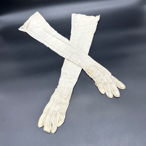 Antique Victorian Kid Leather Opera Gloves Long White Snaps Formal Wedding As Is - Picture 1 of 16